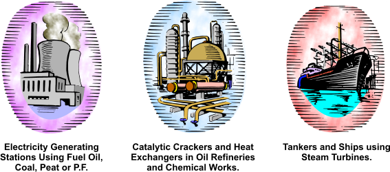 Electricity Generating Stations Using Fuel Oil, Coal, Peat or P.F. Catalytic Crackers and Heat Exchangers in Oil Refineries and Chemical Works. Tankers and Ships using Steam Turbines.